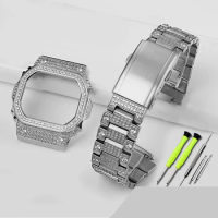 Diamond Inlaid watchband For CASIO GWM5610 GW5600 DW5600 Strap Case Bezel Metal Band DW-5600 316L men's Steel Bracelet Free tool