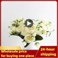 30cm Rose Silk Peony Artificial Flowers Bouquet 5 Big Head and 4 Bud Cheap Fake Flowers for Home Wedding Decoration indoor