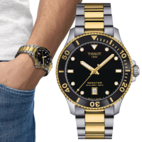 【TISSOT 天梭 官方授權】SEASTAR1000海星系列 黑金 潛水腕錶 / 40mm 禮物推薦 畢業禮物(T1204102205100)