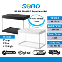 NEW SOBO ES-480F Black / White Super Crystal Clear Glass Fish Aquarium Set 38L with Filter & LED Lig