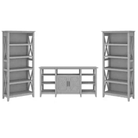 Farmhouse Style TV Stand with Bookcase Set Cape Cod Gray Screen 65" Bundle 60x30x17 Inch