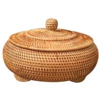 Storage Basket Hand-Woven Rattan Woven with Cover Round Primary Color Chinese Jewelry Snacks Tea Set Picnic Bread Storage Box