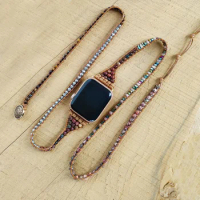 Fran-19a Fashion retro tiger eye knitting watch strap for Apple iwatch 8 natural stone knitting for Apple 38-45mm watch strap