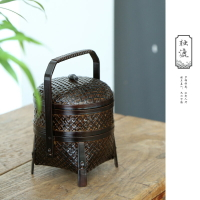 茶室竹制竹編 糕點盒小雙層 復古點心籃干果籃 手提籃茶做舊色