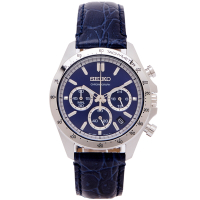 SEIKO 日本國內販售款三眼計時皮革錶帶手錶(SBTR019)-藍面X藍色/40mm