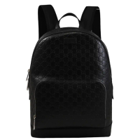 【GUCCI 古馳】經典雙G LOGO皮革壓紋旅用包商務包後背包(黑 大款)