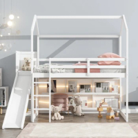 Twin Size Wood House Loft bed with Slide, Storage shelves and Light, family utility youth bed, children's bed, with guardrails
