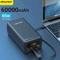 Awei P171K Powerful Power Bank 60000mAh Portable Outdoor Powerbank Dual inputs PD 65W Fast Charging Auxiliary External Battery