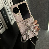Luxury Korean Rhombus Glitter Lattice Beads Bow Pendent Phone Case for OPPO Find N2flip N3Flip N2 Flip N3 flip N3flip Cover