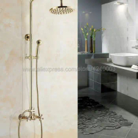 Luxury Gold Rain Shower Set Faucet 8" Rainfall Shower Head with Hand Shower Spray Mixer Tap Wall Mounted Kgf322