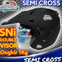 PROMO * HELM SUPERMOTO SOLID BLACK DOFF DOUBLE VISOR HALF FACE SEMI CROSS TERLARIS