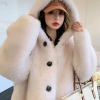 2024Tuscany hooded fur one piece lamb fur coat for women's wool cut down coat medium length winter