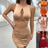 Sleeveless Sexy Mini Dress Women Bodycon Pleated Hollow Out Dress Summer Party Club Solid Short Mini Dresses Party Club Outfit