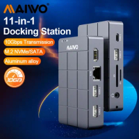MAIWO M.2 NVMe SATA SSD Enclosure with 4K 11 in 1 Dock Station HDMI PD 100W 10Gbps Ethernet USB3.1 GEN2 SD/TF Card Reader Case