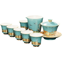 茶具組合含蓋碗+茶杯-瑞鶴圖浮雕描金陶瓷功夫茶具套組2色74aj13【獨家進口】【米蘭精品】