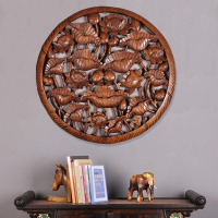 泰國木雕60cm圓形荷花雕花板鏤雕裝飾掛件玄關實木壁掛復古工藝品