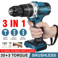 Drillpro 3 in 1 Brushless Electric Hammer Drill Screwdriver 13mm 20+3 Torque Cordless Impact Drill for Makita 18V Battery