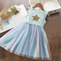 Summer Baby Girl Dress Children Cotton Mesh A-Line Dress 2024 Princess Rainbow Sleeveless Sequins Tutu Baby Dress Clothes 2-6Yrs
