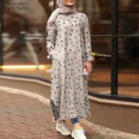 ZANZEA Casual Floral Print Dress 2023 Autumn Fashion Muslim Long Abaya Loose Long Sleeve Dubai Turkey Hijab Kaftan Dress