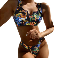 Fashion Printing Bikini Push-Up Pad Underwire Backless Swimsuits Deep V Neck Halter Bikini Top For Women On The Beach Holiday