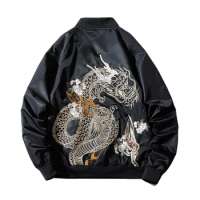 Men Spring Winter Bomber Jacket Thick Padded Dragon Embroidery Pilot Cotton Warm Hip Hop Coat Sukajan Baseball Jackets 2023