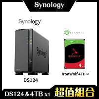 Synology DS124 1Bay NAS 網路儲存伺服器＋希捷 Seagate 4TB NAS專用硬碟