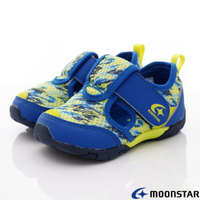 ★日本月星Moonstar機能童鞋頂級學步系列寬楦軟式彎曲護踝護趾涼鞋款18435藍黃