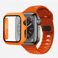 Glass+Case+Strap For Apple Watch Band 44mm 40mm 45mm 41mm 38mm 42mm Smartwatch Silicone Sport Bracelet iWatch 3 4 5 6 SE 7 8 9