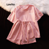 Lovito - ชุดกางเกงขาสั้นคอกลมผู้หญิง ลำลอง ธรรมดา มีเชือกผูก lna09336 (สีชมพู) Lovito กางเกงขาสั้นคอ