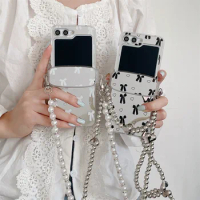 For Samsung Galaxy Z Flip 5 4 3 5G Case Silver Plated Mirror Love Bowknot Lanyard Cases Galaxy Z Flip Protective Cover