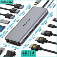 MOKiN 14 in 1 USB Hub Docking Station for MacBook Air/Pro iPad with USB2.0 USB3.0 Type-C 3.1 HDMI 4K60Hz PD 100W SD RJ45 1Gbps