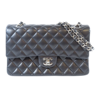 【二手名牌BRAND OFF】CHANEL 香奈兒 黑色 羊皮 菱格紋 Classic Double Flap 25 肩背包 鍊帶 銀扣