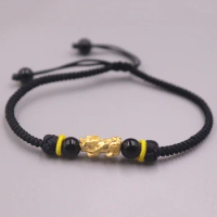 Pure 999 24K Yellow Gold Women Bracelet 3D Lucky Pixiu Bead Black Cord Knitted Bracelet 0.2-0.3g