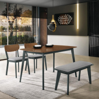 Boden-堤恩工業風4尺餐桌椅組合-胡桃色(一桌二椅一長凳)-120x75x75cm
