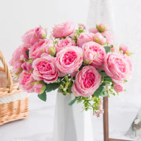 30CM Rose Pink Artificial Flowers Silk Bouquet Peony Artificial Flower 5 Big Head 4 Small Bud Bride Wedding Home Decoration