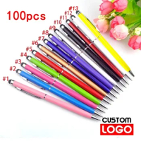 Metal Ballpoint Custom Mini 2-in-1 Of School Advertising 13-color Stylus Logo Engraving Text Universal Office 100 Pen Packs