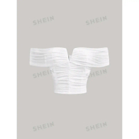 SHEIN MOD Dte Night Summer V-Slit White Romantic Off Shoulder Ruched Crop Top