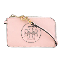 【TORY BURCH】TORY BURCH Ella Bio圓形皮標LOGO牛皮4卡拉鍊腕帶卡夾零錢包(腮粉紅)