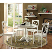 Contemporary Dining Room Furniture 5pc Set Round Dining Table w Faux Marble Top 4x Side Chairs White Color Solid wood