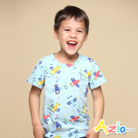 Azio kids美國派 男童 上衣 滿版彩色飛機印花竹節棉短袖上衣T恤(藍)