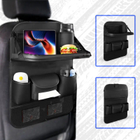 【野一夏】皮革車用折疊座椅背收納袋 多功能後座置物袋(飲料架 儲物盒 平板桌 車用掛袋)