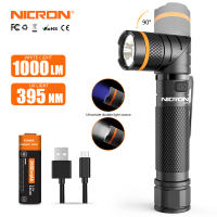 ไฟฉาย LED, NICRON, ความสว่าง 1000lm, ไฟฉาย B75, บิด 90 องศา, UV / สีขาว 2 สี 395nm, ไฟฉาย UV 18650, 