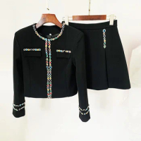 Tesco Black Women's Luxury Skirt Sets Round Neck Blazer Mini Skirt With Beading Jewelry Fashion Party Outfits 2 Piece For Women