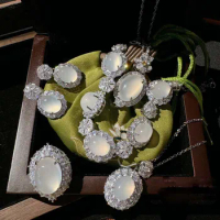 2023 Women White Jade Marrow Flower Gem Bracelet Plated with 18K Gold Zircon Necklace