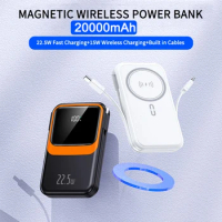 Mini Power Bank 20000mAh 22.5W Fast Charging Built in Cables Magnetic Wireless Powerbank for iPhone 15 Samsung S23 Xiaomi Huawei