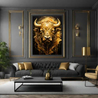 Luxury Golden Bull Head Portrait Animals Art Canvas Painting Wall Posters and Prints for Living Room Bedroom Home Pictures Decor