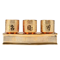 【虔誠喝水】沙金三連佛堂供杯含底座(神明杯 敬杯 陶瓷 拜拜 佛具 供奉 祭拜 祭祀 供杯 聖水杯 佛杯)