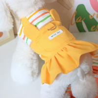 Dog Clothes Spring/Summer Dress Teddy Small Dog Cat Pet Dress Striped Bear Can Hang Traction Skirt
