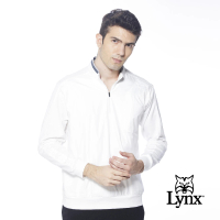 【Lynx Golf】男款雙面組織吸排抗UV壓光山貓印花隱形拉鍊胸袋款長袖立領POLO衫/高爾夫球衫(白色)