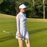 24 SG Golf Women Ice Silk Sunscreen Long Sleeved White Tops Pleats Skirt Set Breathable Lapel Shirt Anti-glare Short Skort